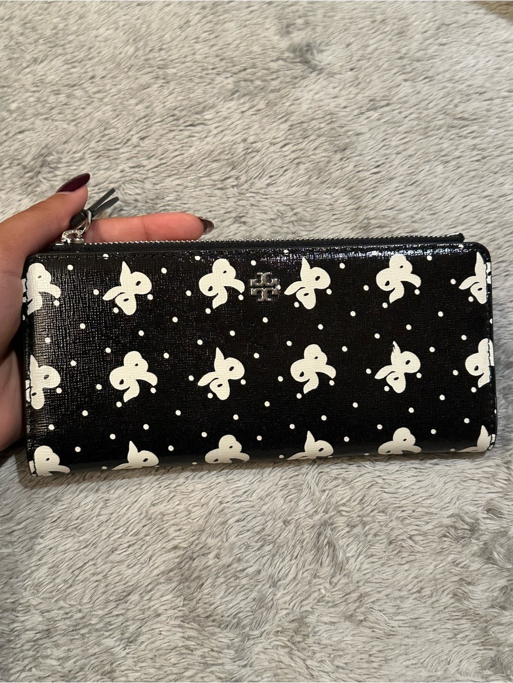 Tory Burch Black Wallet with White Floral Dot Print